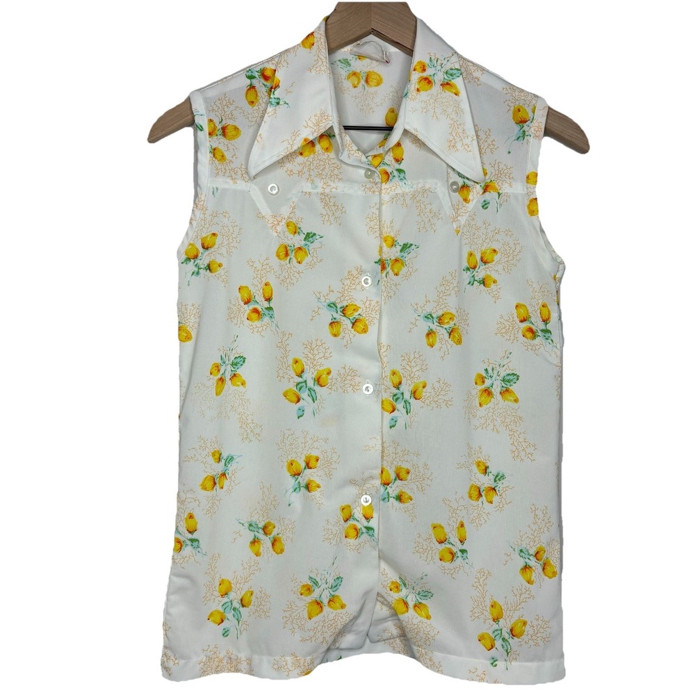 Vintage 60s 70s Top Sleeveless Floral White Yellow Roses Boho‎ Retro Romantic
